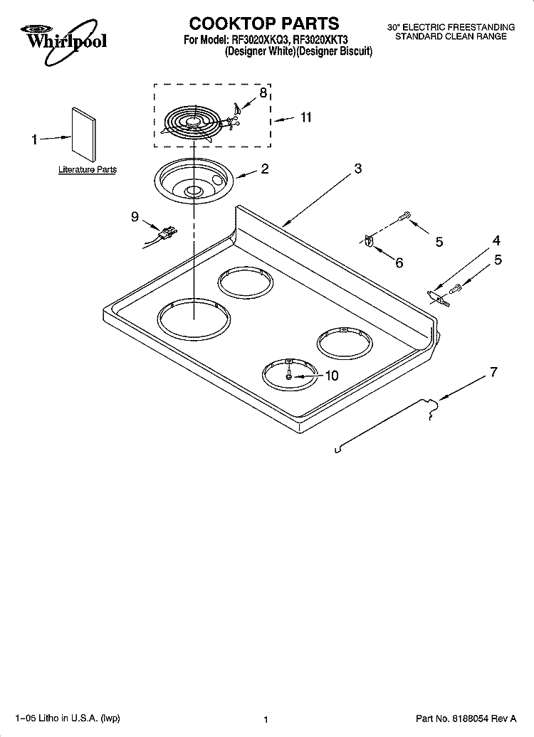 COOKTOP PARTS Diagram and Parts List for RF3020XKQ3  Whirlpool Range