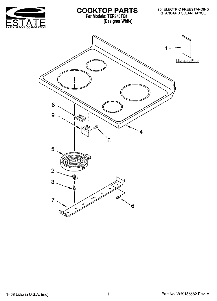 COOKTOP PARTS Diagram and Parts List for TEP340TQ1  Estate Range