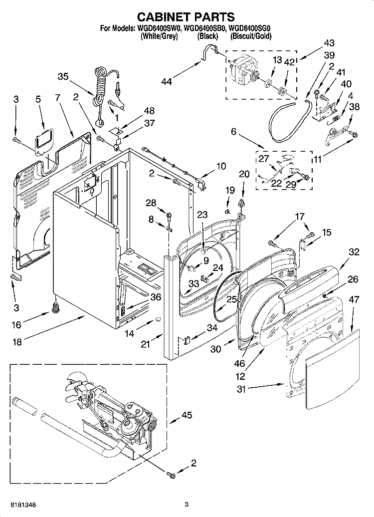 CABINET PARTS Diagram and Parts List for WGD6400SB0  Whirlpool Dryer