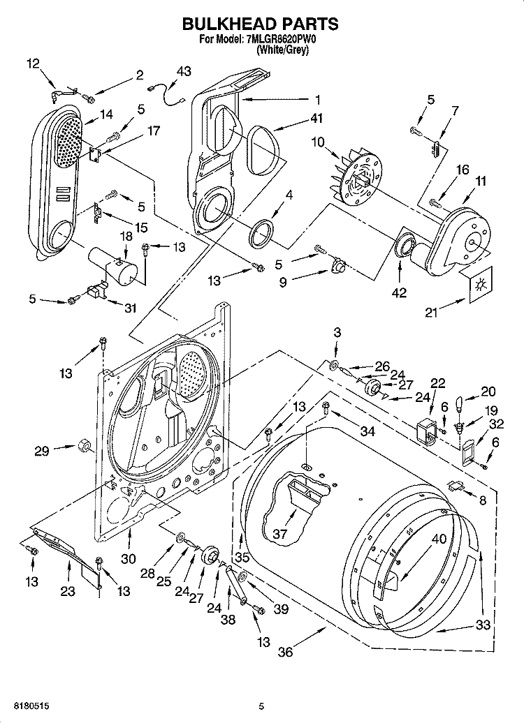 BULKHEAD PARTS Diagram and Parts List for 7MLGR8620PW0  Whirlpool Dryer