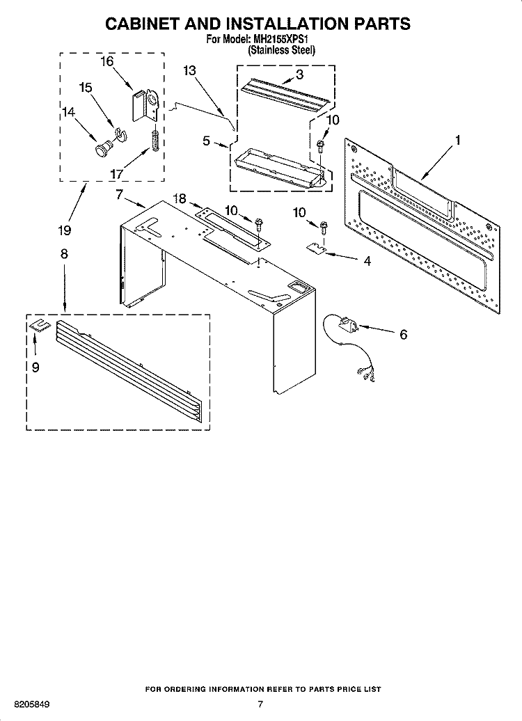 CABINET AND INSTALLATION PARTS Diagram and Parts List for MH2155XPS1  Whirlpool Microwave