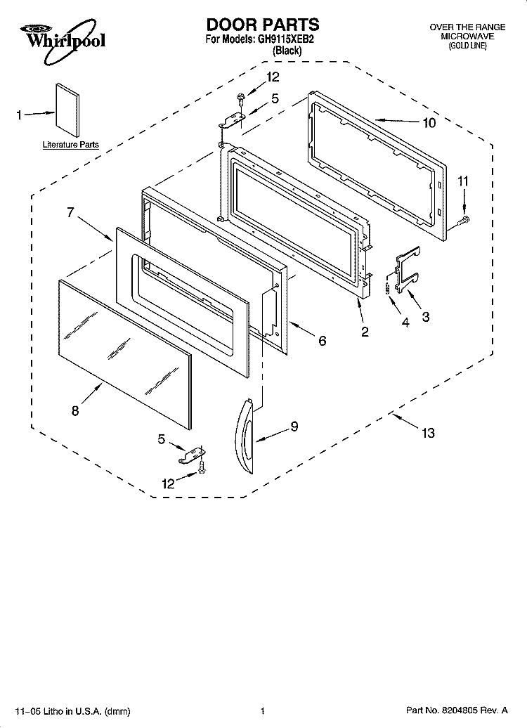 DOOR PARTS Diagram and Parts List for GH9115XEB2  Whirlpool Microwave