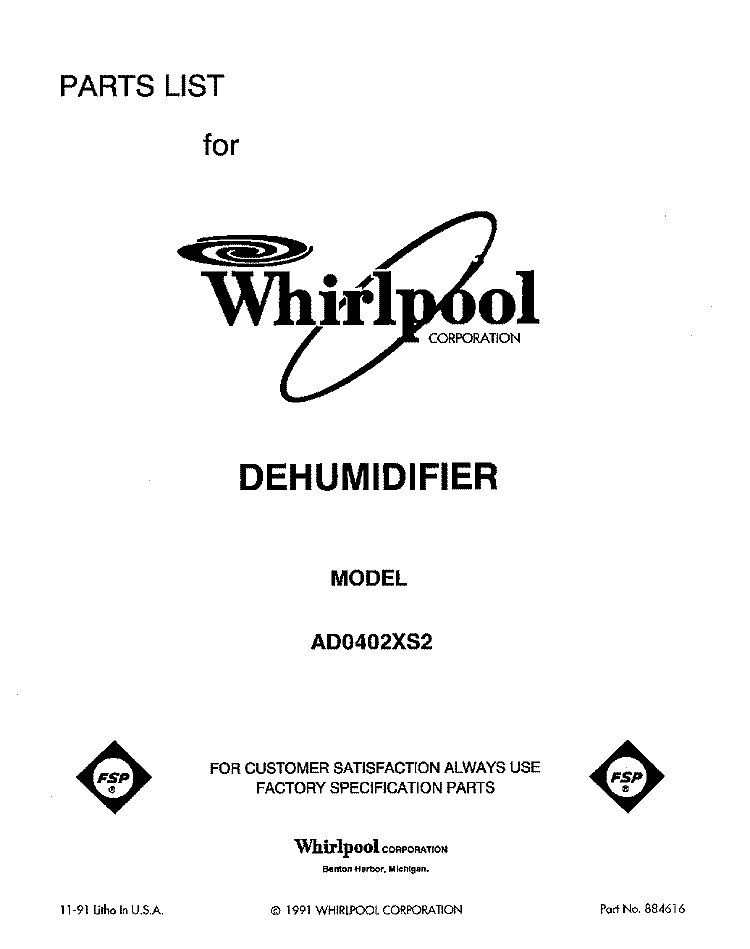 SECTION Diagram and Parts List for AD0402XS2  Whirlpool Dehumidifier