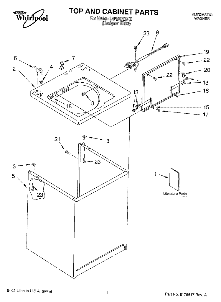 TOP AND CABINET, LITERATURE Diagram and Parts List for LXR5432KQ0  Whirlpool Washer