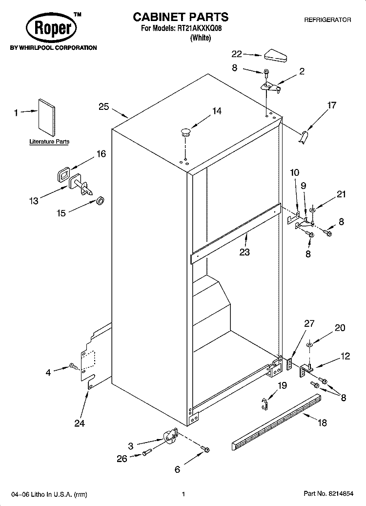 CABINET PARTS Diagram and Parts List for RT21AKXKQ08  Roper Refrigerator