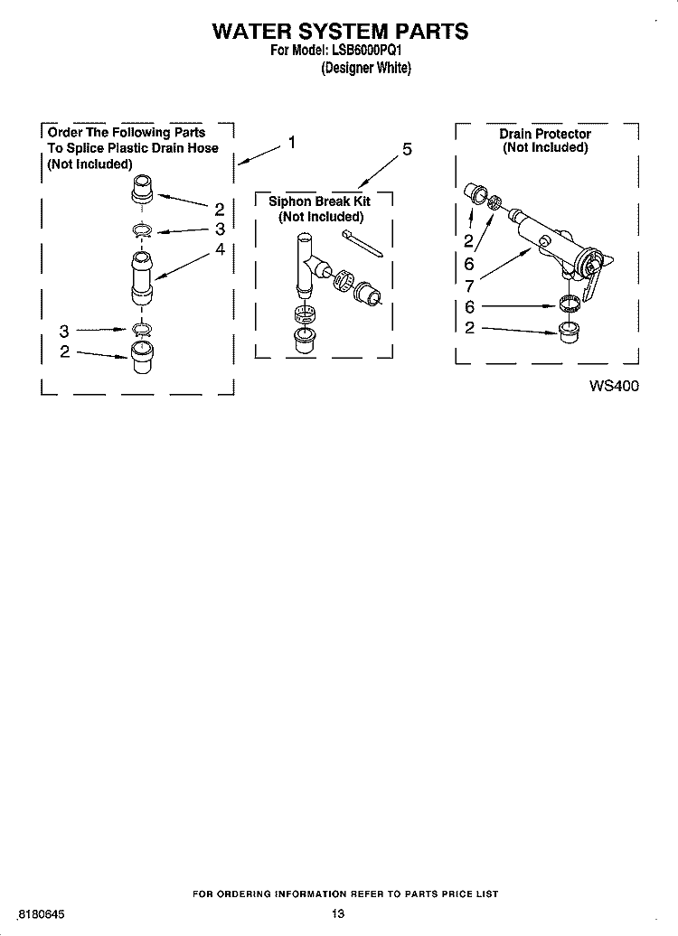 WATER SYSTEM PARTS, MISCELLANEOUS PARTS, OPTIONAL PARTS (NOT INCLUDED) Diagram and Parts List for LSB6000PQ1  Whirlpool Washer