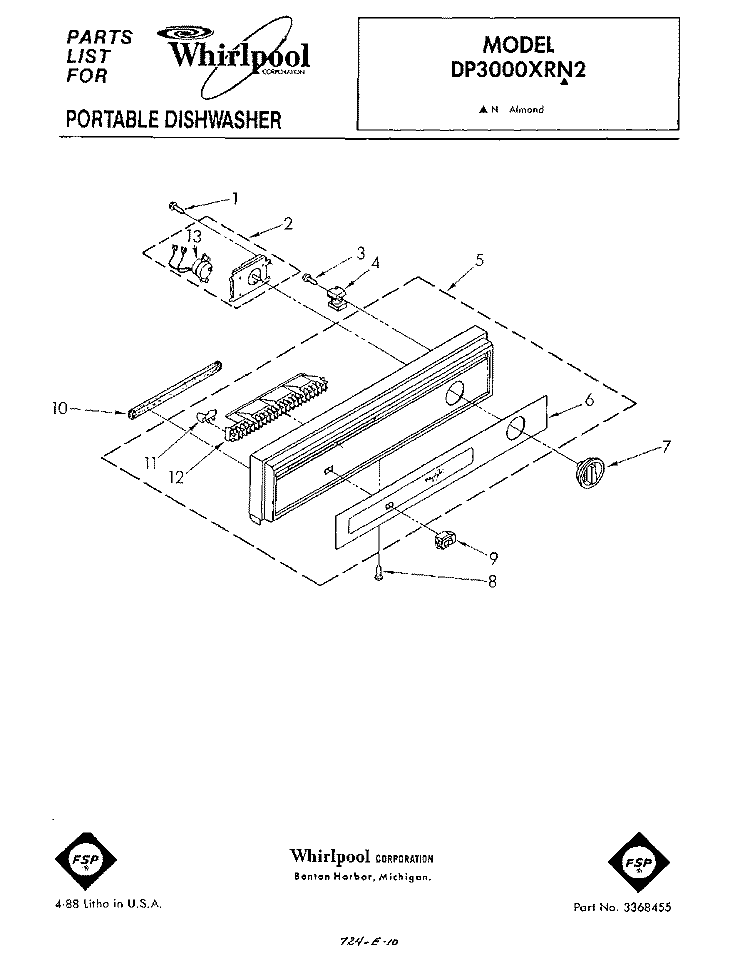 CONSOLE Diagram and Parts List for DP3000XRN2  Whirlpool Dishwasher
