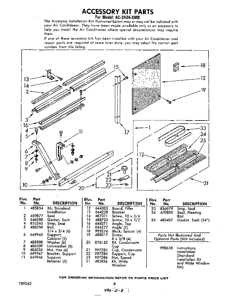 ACCESSORY KIT Diagram and Parts List for AC2404XM0  Whirlpool Air Conditioner