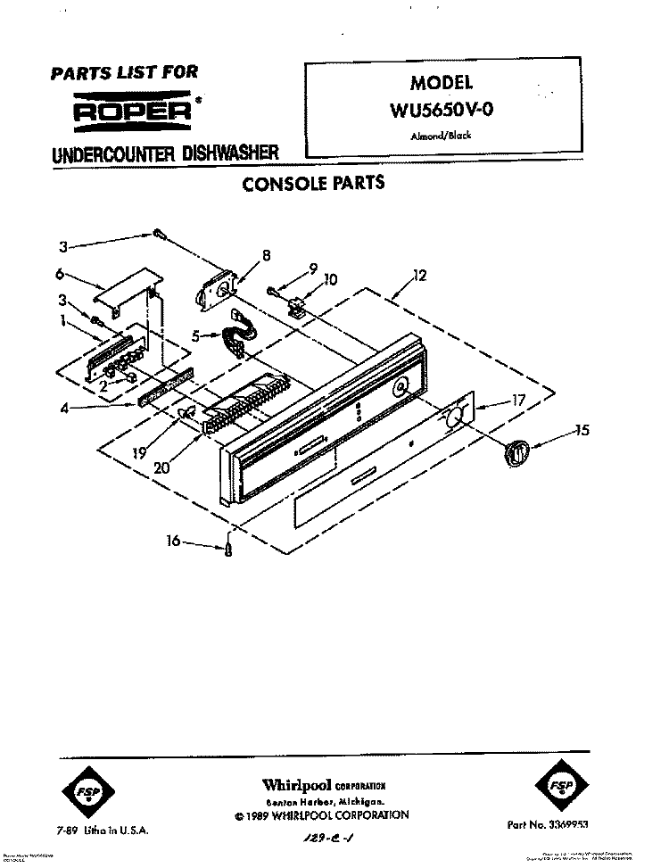 CONSOLE Diagram and Parts List for WU5650V0  Roper Dishwasher