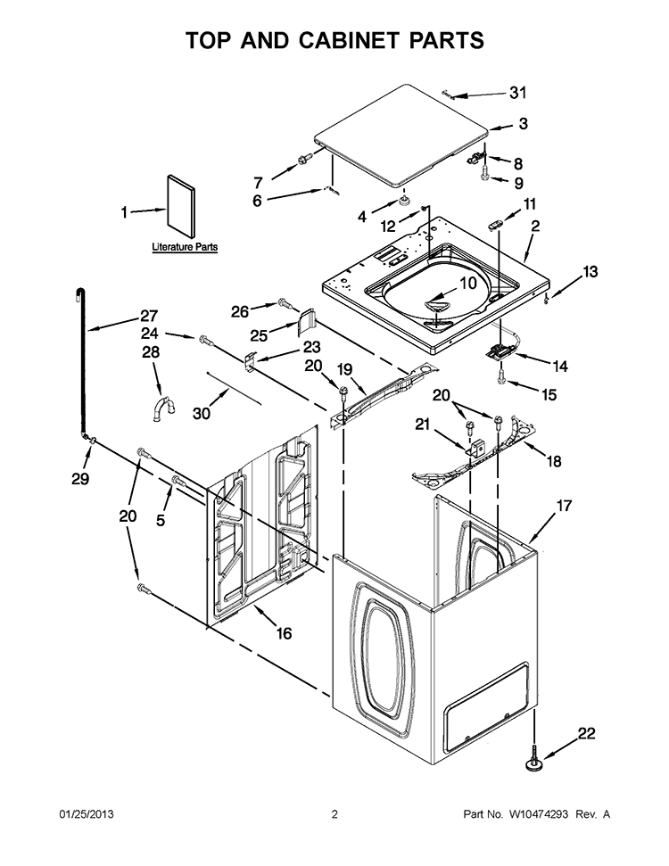 TOP AND CABINET PARTS Diagram and Parts List for CAE2763BQ0  Whirlpool Washer