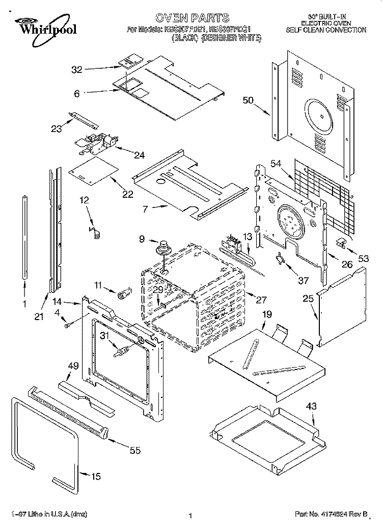 OVEN Diagram and Parts List for RBS307PDQ1  Whirlpool Wall Oven