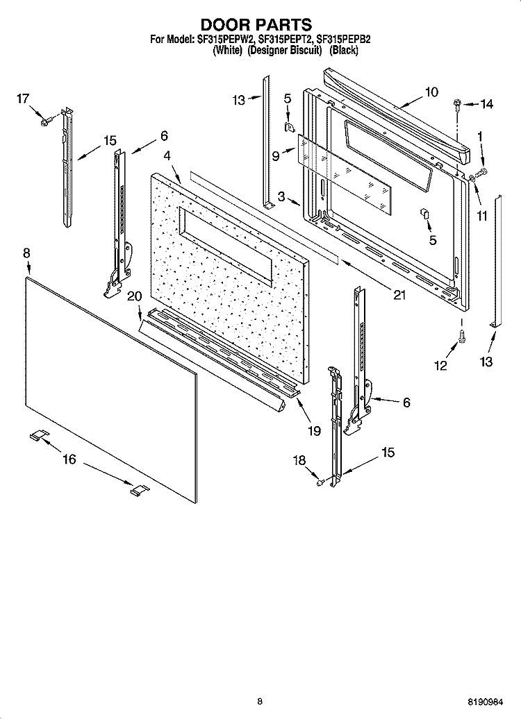 DOOR PARTS, MISCELLANEOUS PARTS Diagram and Parts List for SF315PEPB2  Whirlpool Range
