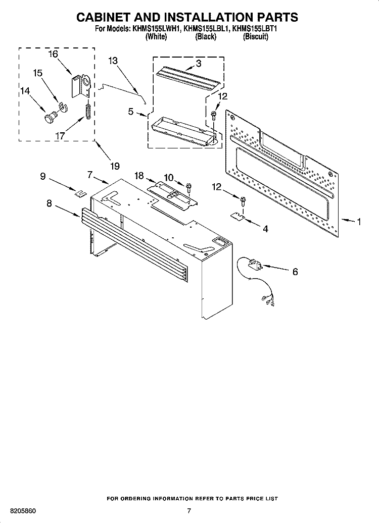 CABINET AND INSTALLATION PARTS Diagram and Parts List for KHMS155LWH1  KitchenAid Microwave
