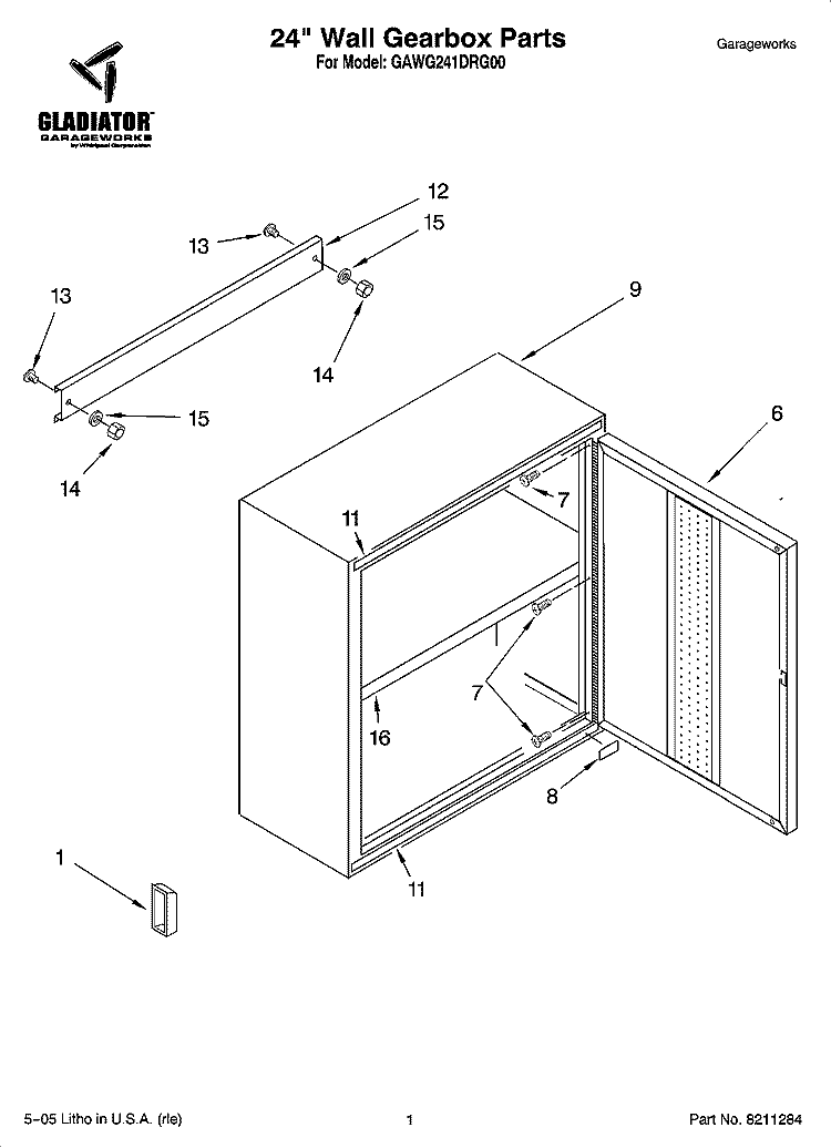24`` Wall Gearbox Parts Diagram and Parts List for GAWG241DRG00  Whirlpool Cabinet