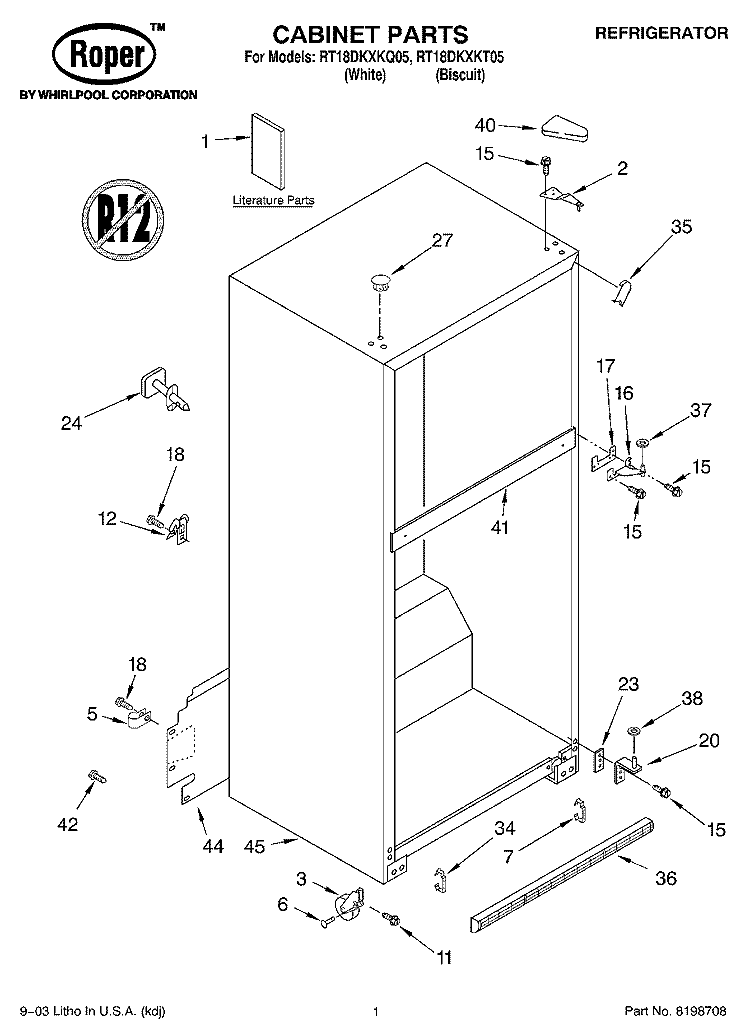 CABINET PARTS Diagram and Parts List for RT18DKXKT05  Roper Refrigerator