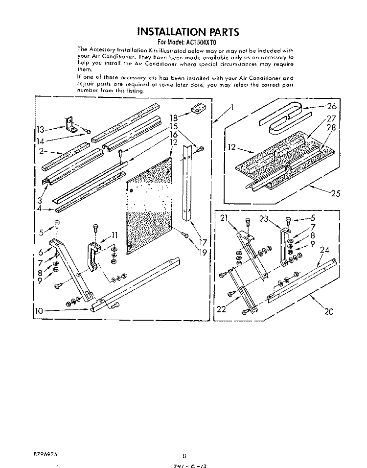 INSTALLATION Diagram and Parts List for AC1504XT0  Whirlpool Air Conditioner