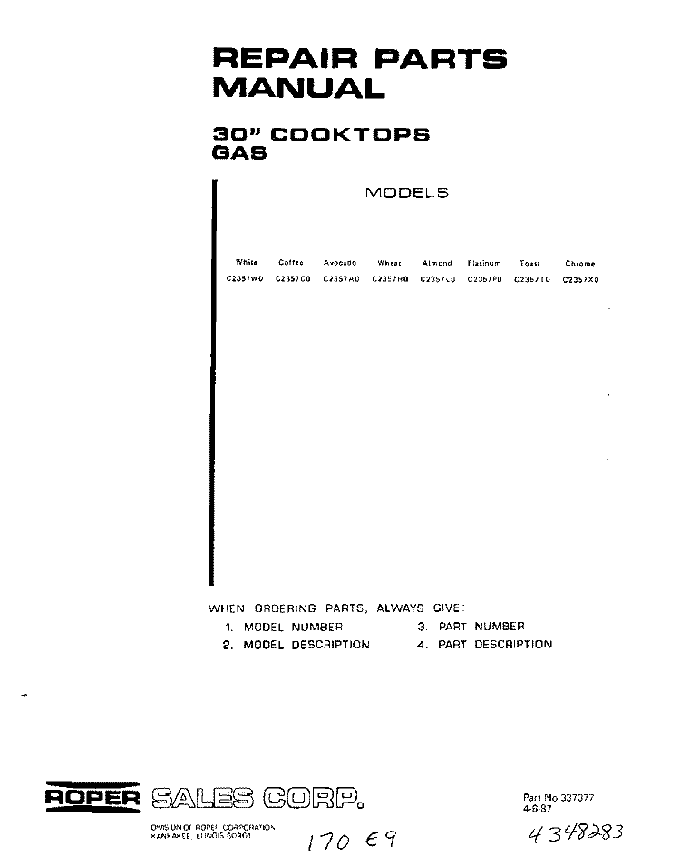 COVER Diagram and Parts List for C2357^0  Whirlpool Cooktop
