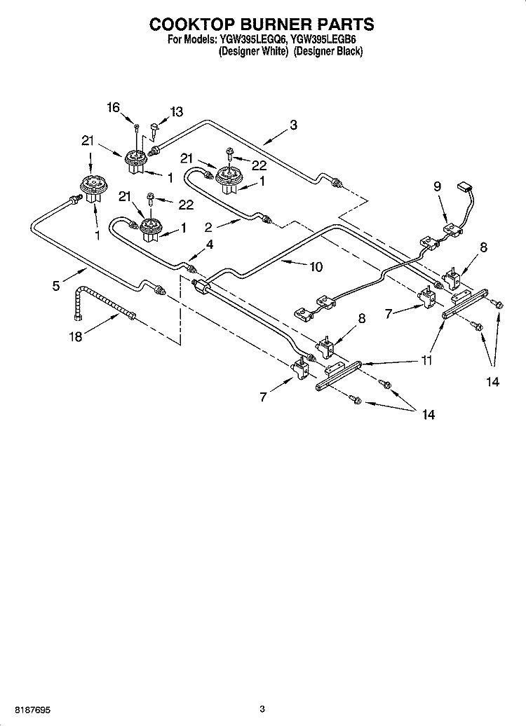 COOKTOP BURNER PARTS Diagram and Parts List for YGW395LEGQ6  Whirlpool Range