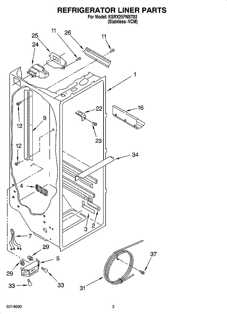 REFRIGERATOR LINER PARTS Diagram and Parts List for KSRX25FNST03  KitchenAid Refrigerator
