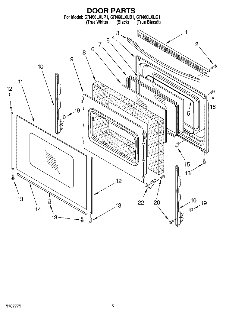 DOOR PARTS Diagram and Parts List for GR460LXLP1  Whirlpool Range