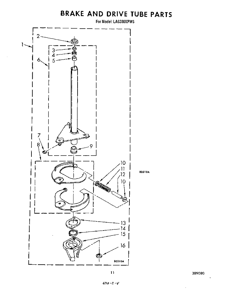 BRAKE AND DRIVE TUBE Diagram and Parts List for LA6300XPW5  Whirlpool Washer
