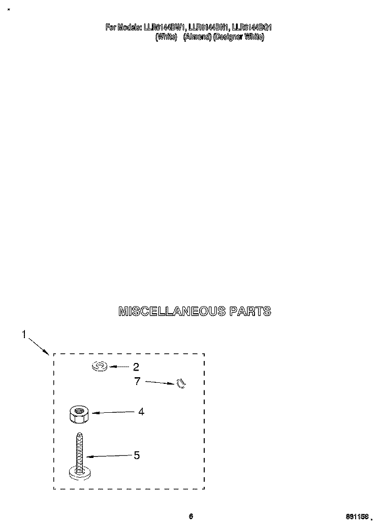 MISCELLANEOUS Diagram and Parts List for LLR6144BW1  Whirlpool Washer