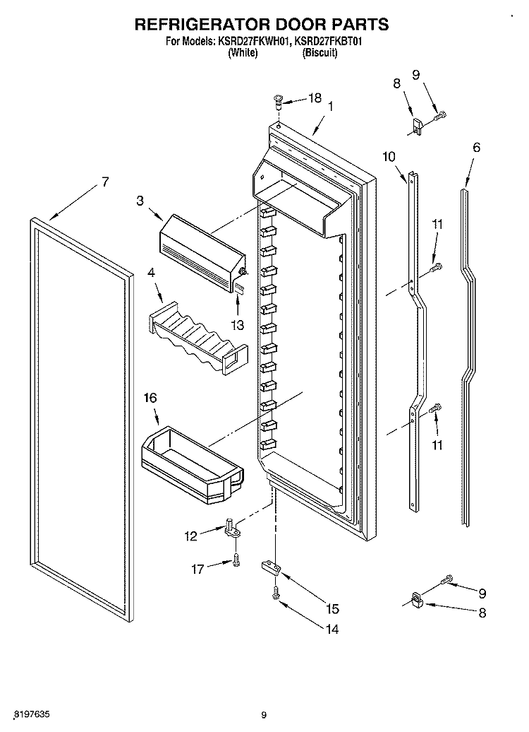 REFRIGERATOR DOOR Diagram and Parts List for KSRD27FKBT01  KitchenAid Refrigerator