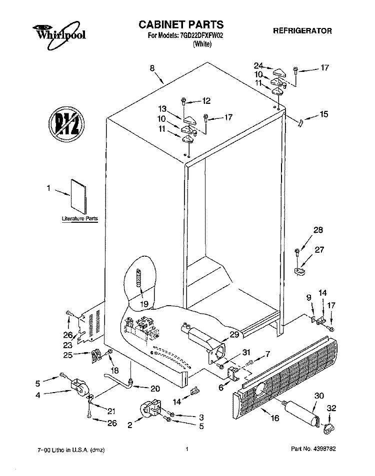 CABINET, LITERATURE Diagram and Parts List for 7GD22DFXFW02  Whirlpool Refrigerator