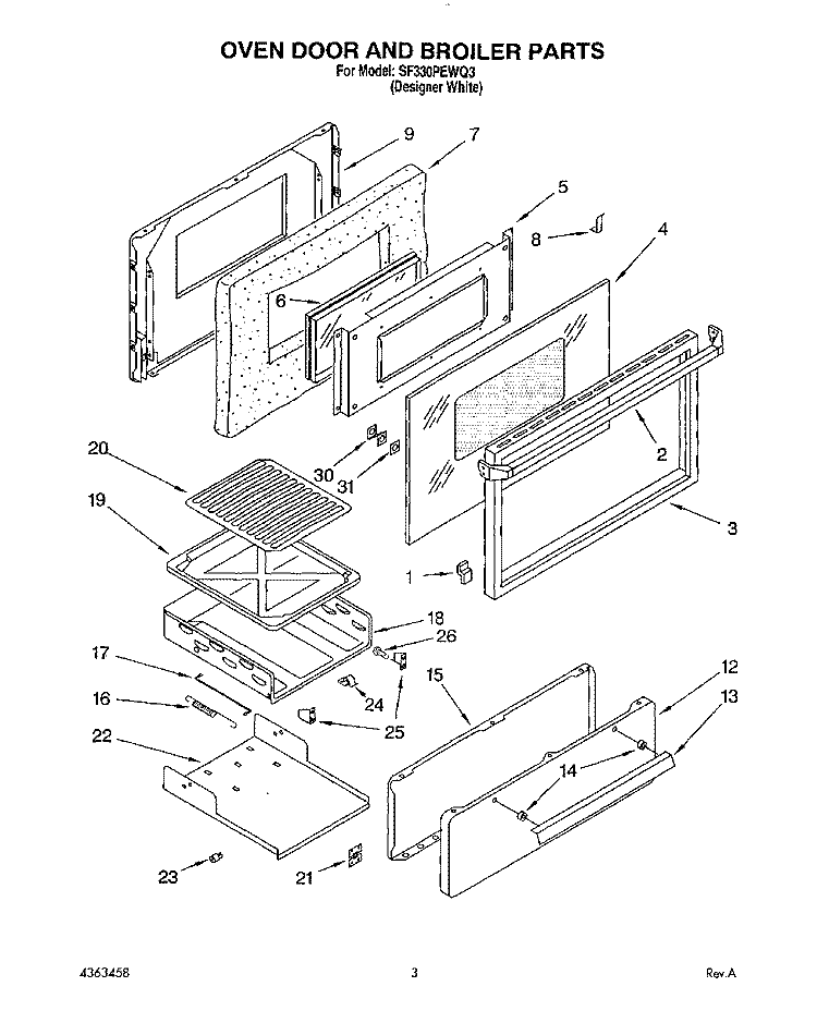 OVEN DOOR AND BROILER Diagram and Parts List for SF330PEWQ3  Whirlpool Range
