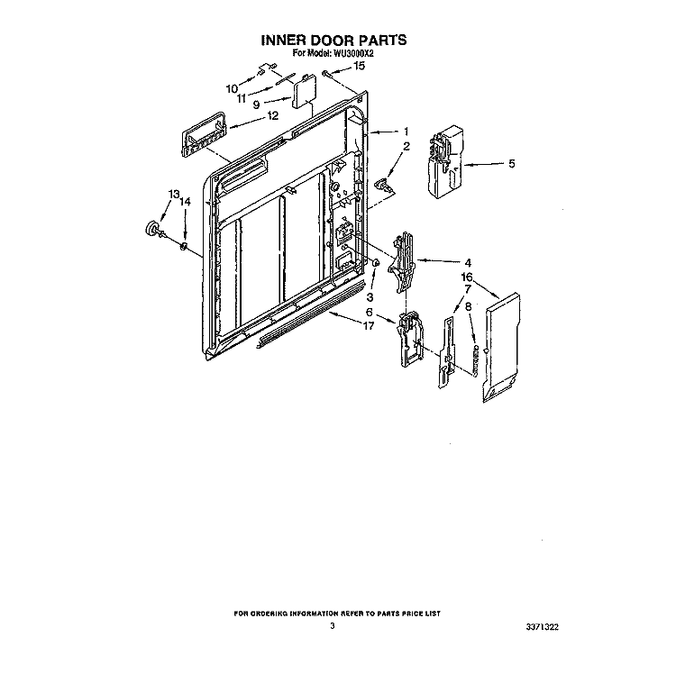 INNER DOOR Diagram and Parts List for WU3000X2  Roper Dishwasher
