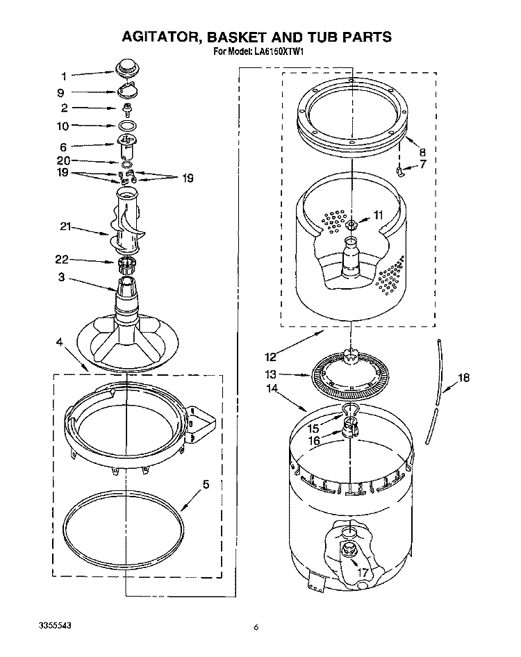 AGITATOR, BASKET AND TUB Diagram and Parts List for LA6150XTG1  Whirlpool Washer