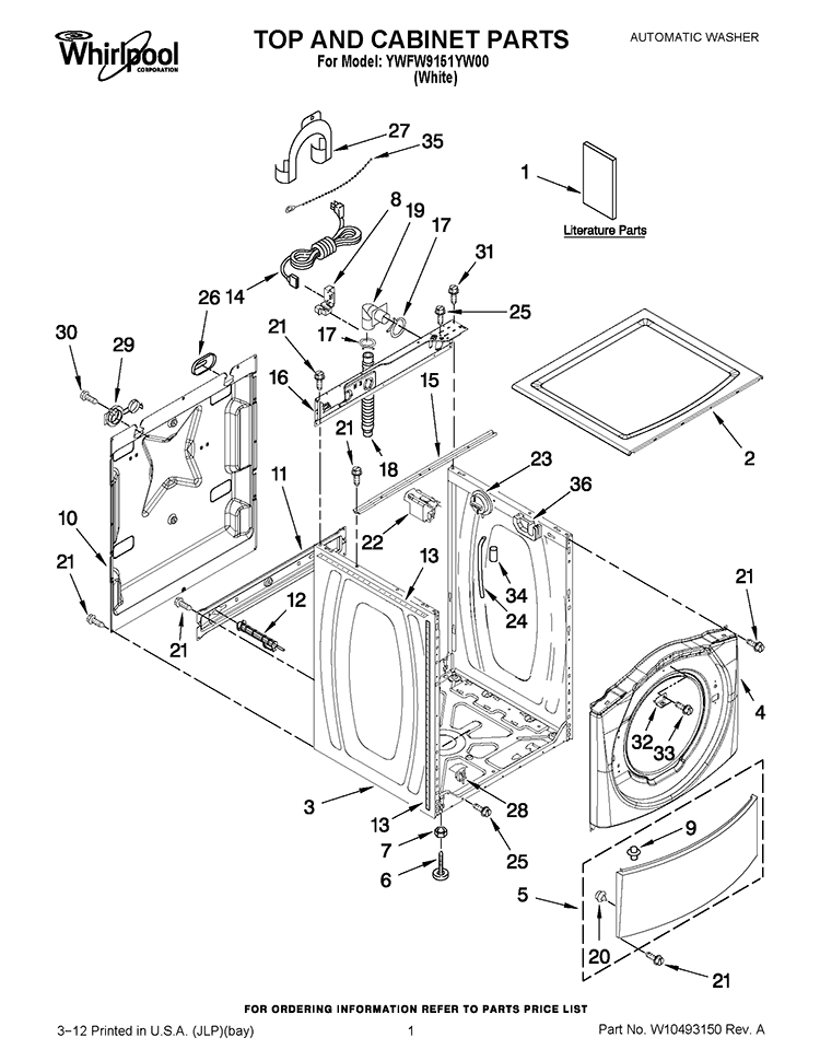 TOP AND CABINET PARTS Diagram and Parts List for YWFW9151YW00  Whirlpool Washer