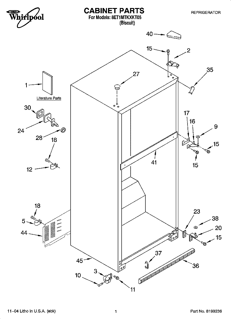 CABINET PARTS Diagram and Parts List for 8ET1MTKXKT05  Whirlpool Refrigerator