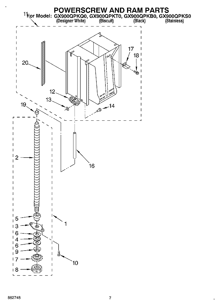 POWERSCREW AND RAM Diagram and Parts List for GX900QPKS0  Whirlpool Trash Compactor