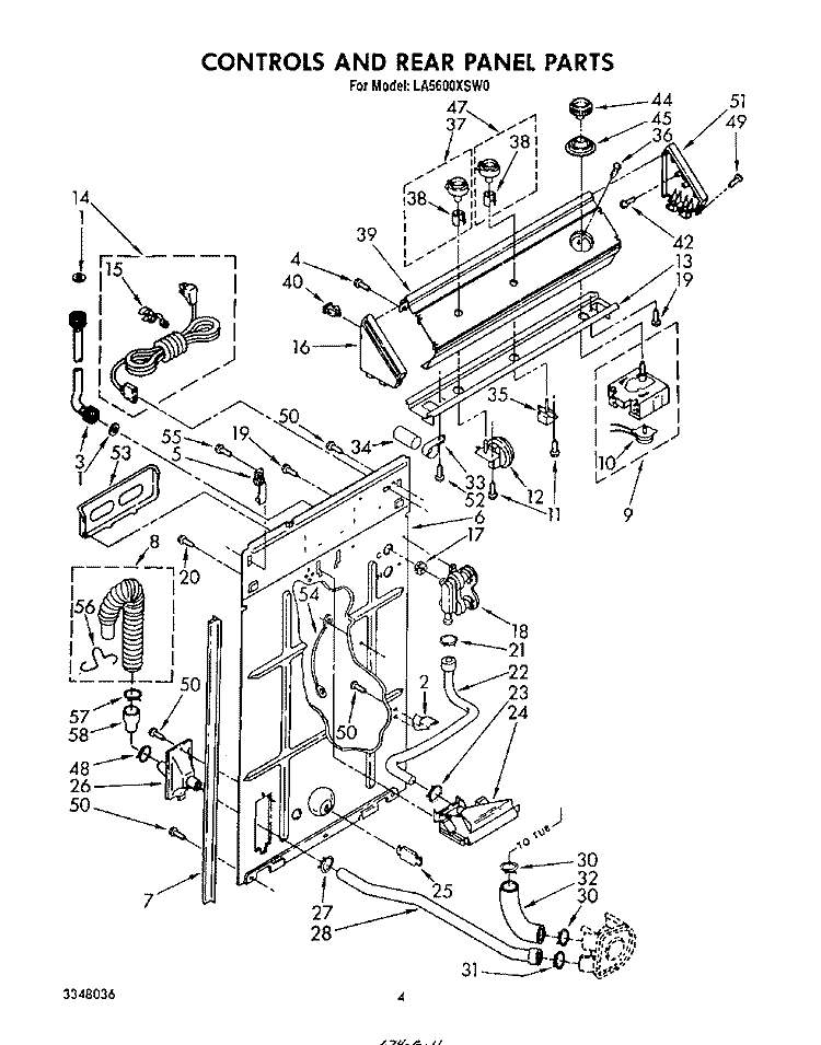 CONTROLS AND REAR PANEL Diagram and Parts List for LA5600XSW0  Whirlpool Washer