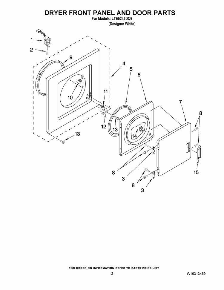 DRYER FRONT PANEL AND DOOR PARTS Diagram and Parts List for LTE5243DQ9  Whirlpool Washer Dryer Combo