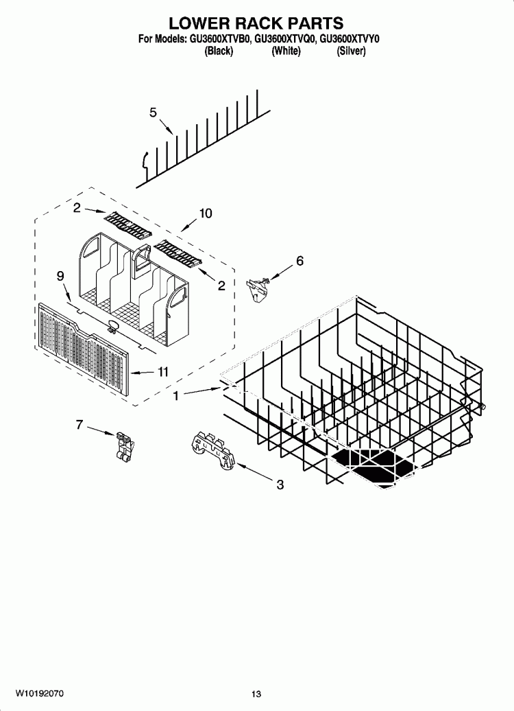 LOWER RACK PARTS, OPTIONAL PARTS (NOT INCLUDED) Diagram and Parts List for GU3600XTVQ0  Whirlpool Dishwasher