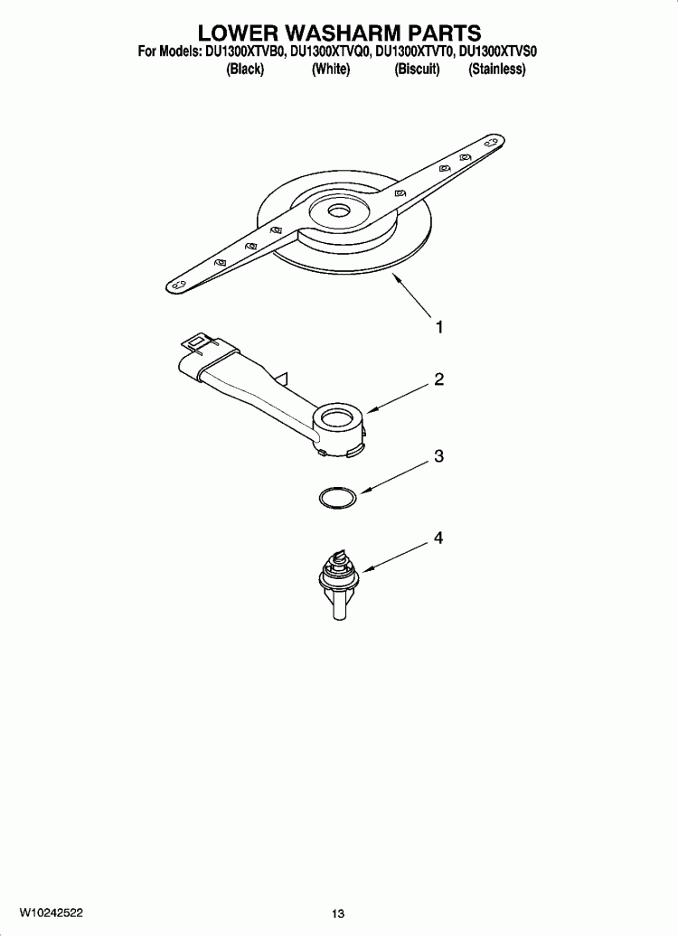 LOWER WASHARM PARTS, OPTIONAL PARTS (NOT INCLUDED) Diagram and Parts List for DU1300XTVQ0  Whirlpool Dishwasher