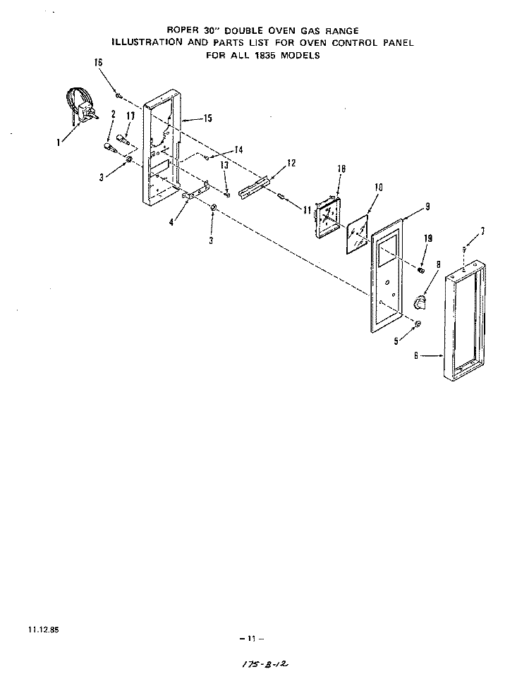 OVEN CONTROL PANEL Diagram and Parts List for 1835W1A  Roper Range