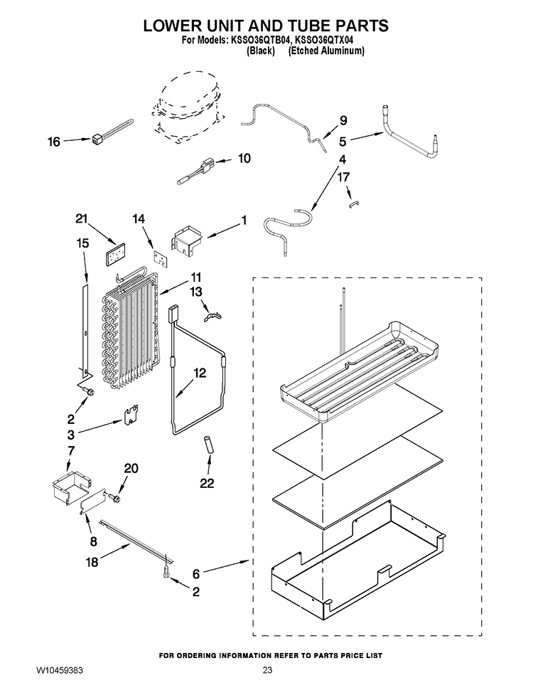LOWER UNIT AND TUBE PARTS Diagram and Parts List for KSSO36QTB04  KitchenAid Refrigerator
