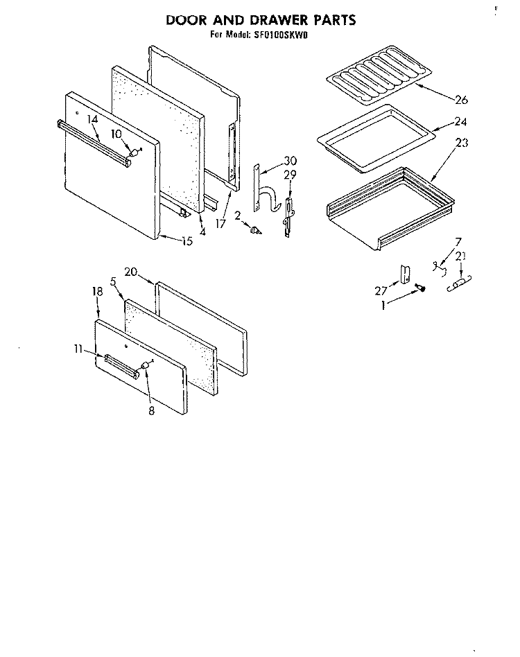 DOOR AND DRAWER Diagram and Parts List for SF0100SKW0  Whirlpool Range