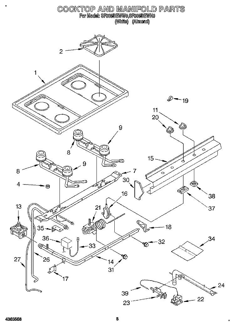 COOKTOP AND MANIFOLD, LIT/OPTIONAL Diagram and Parts List for SF305BEWW0  Whirlpool Range