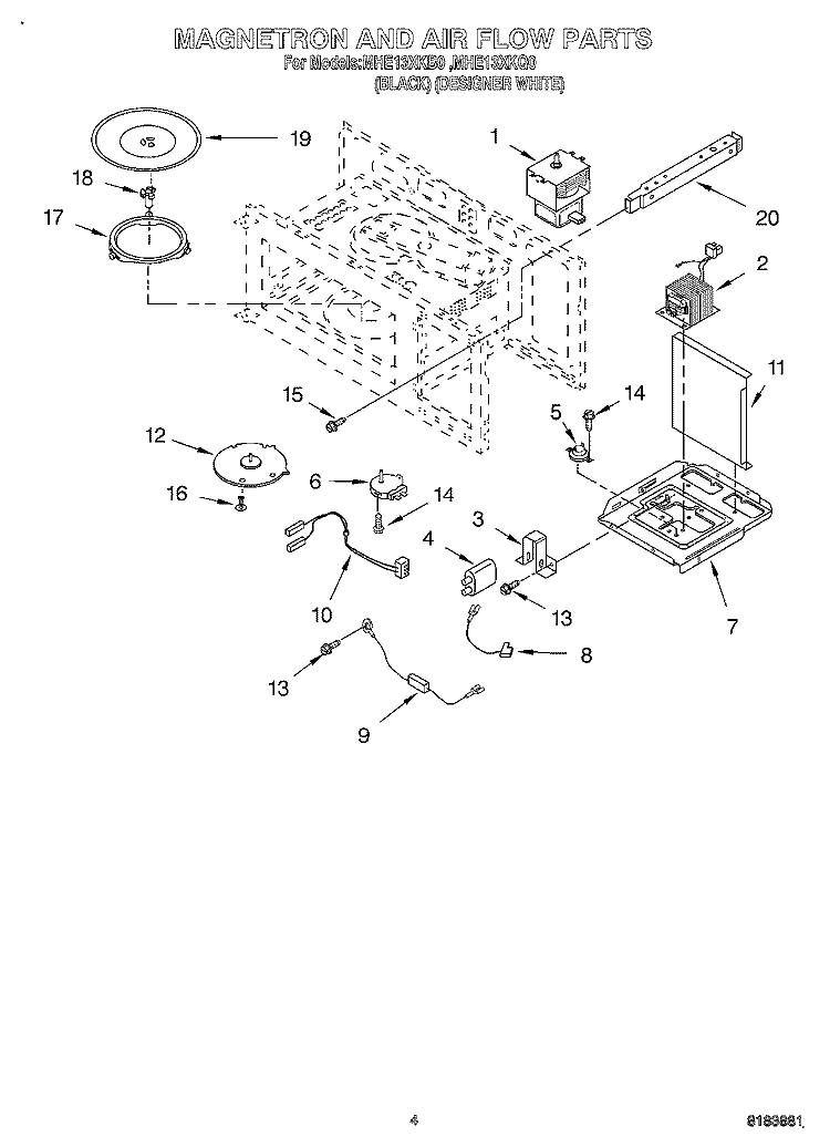 MAGNETRON AND AIR FLOW Diagram and Parts List for MHE13XKB0  Roper Microwave