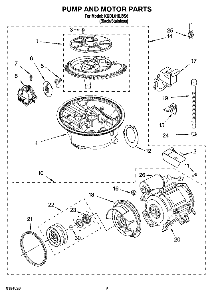 PUMP AND MOTOR PARTS Diagram and Parts List for KUDL01ILBS6  KitchenAid Dishwasher
