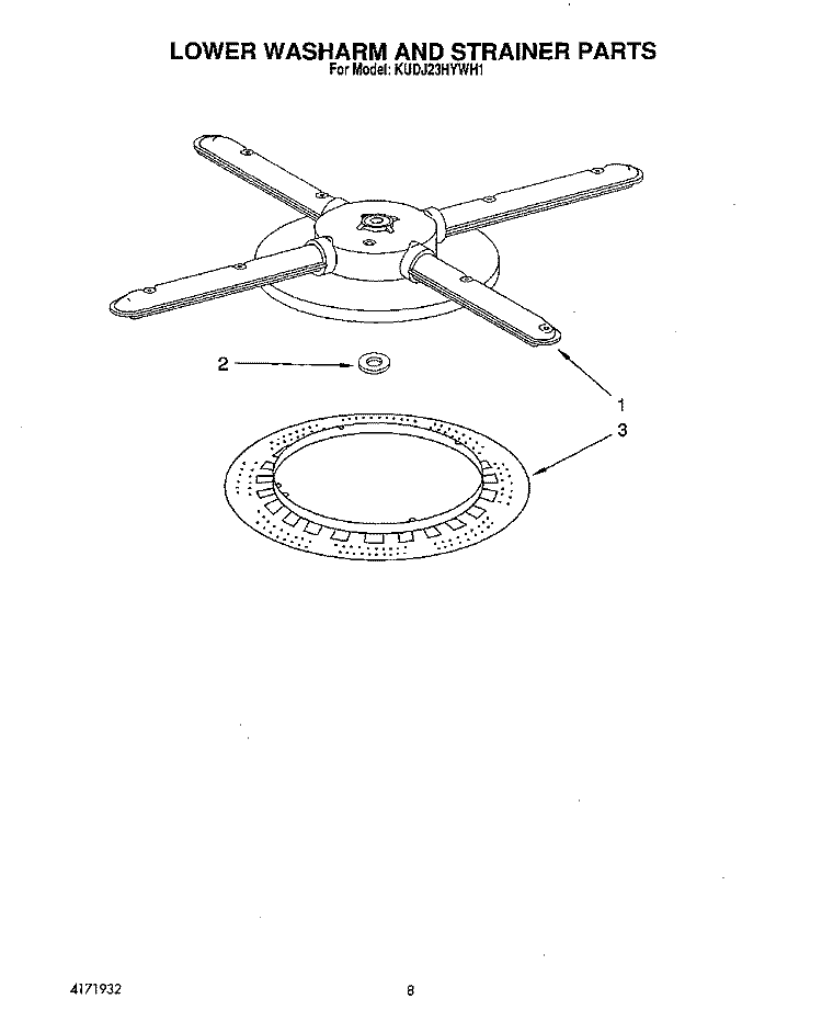 LOWER WASHARM AND STRAINER Diagram and Parts List for KUDJ23HYWH1  KitchenAid Dishwasher