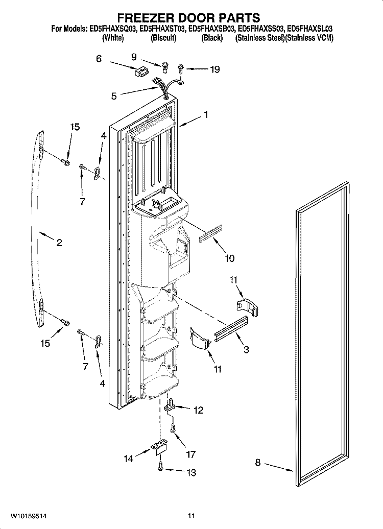 FREEZER DOOR PARTS Diagram and Parts List for ED5FHAXSQ03  Whirlpool Refrigerator