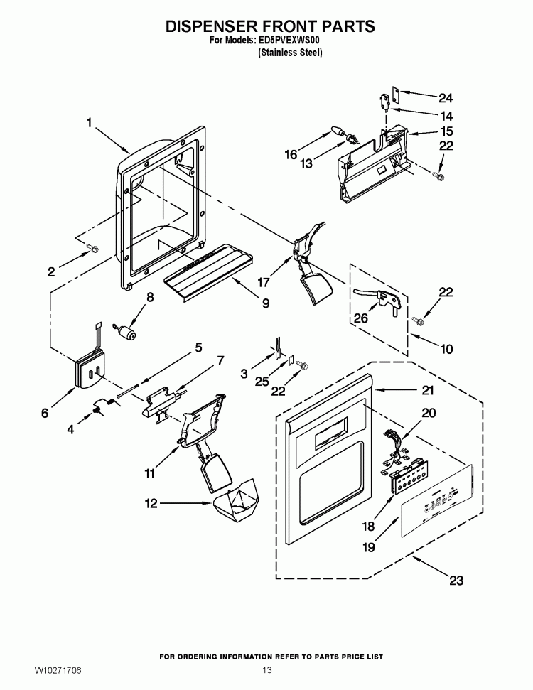 DISPENSER FRONT PARTS Diagram and Parts List for ED5PVEXWS00  Whirlpool Refrigerator