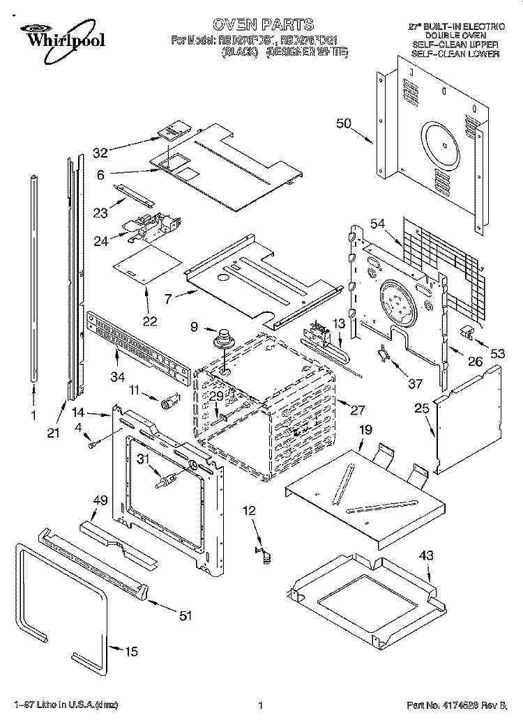 OVEN Diagram and Parts List for RBD276PDQ1  Whirlpool Wall Oven