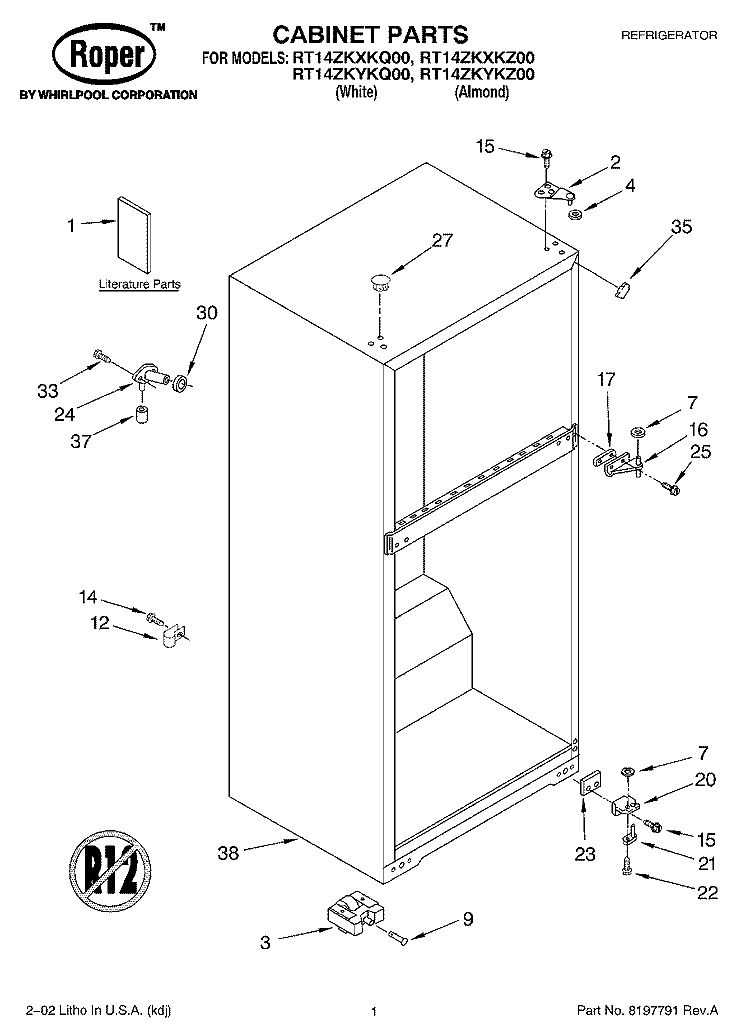CABINET, LITERATURE Diagram and Parts List for RT14ZKYKQ00  Roper Refrigerator