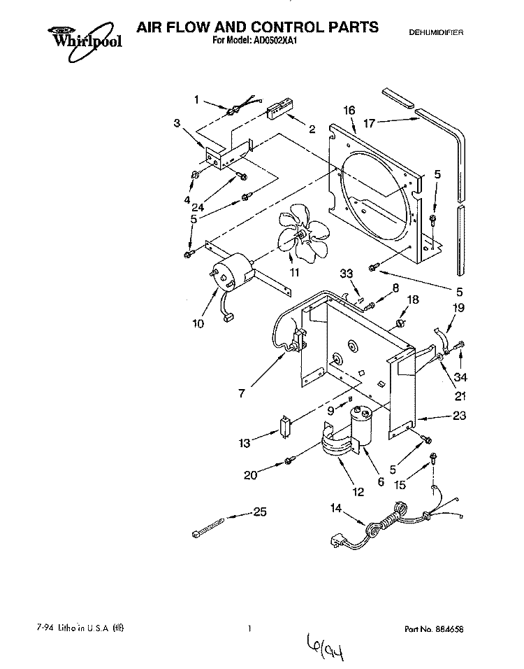 SECTION Diagram and Parts List for AD0502XA1  Whirlpool Dehumidifier